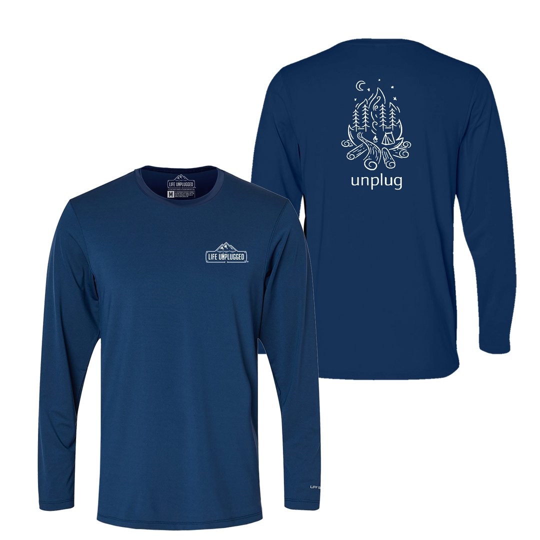 Campfire Camping Scene Performance Long Sleeve with UPF 50+