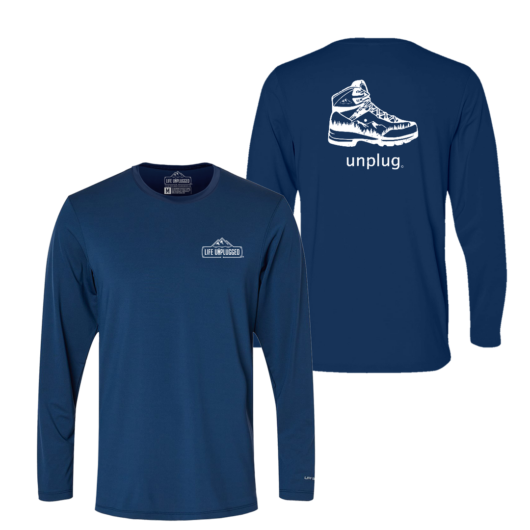 Hiking Boot Mountain Scene Performance Long Sleeve with UPF 50+