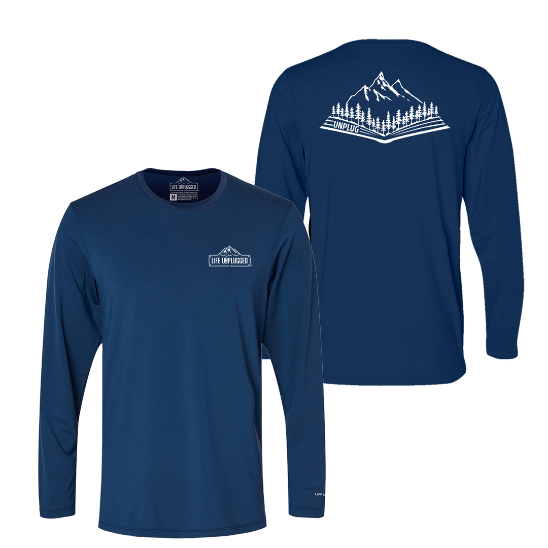 Open Book Mountain Scene Performance Long Sleeve with UPF 50+