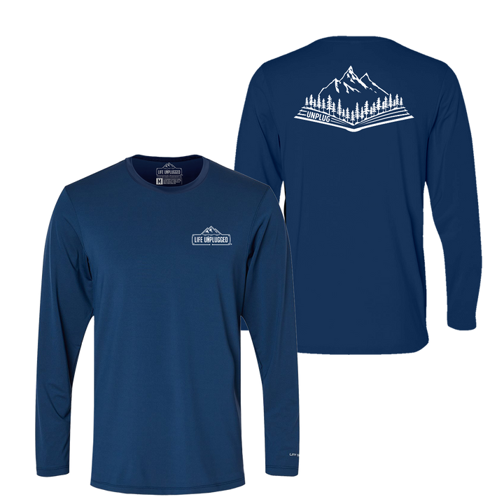 Open Book Mountain Scene Performance Long Sleeve with UPF 50+