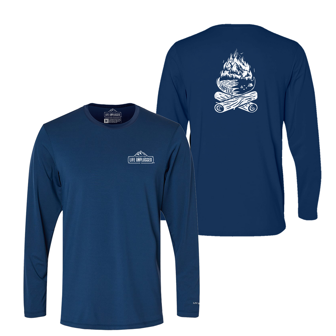 Campfire Mountain Scene Performance Long Sleeve with UPF 50+