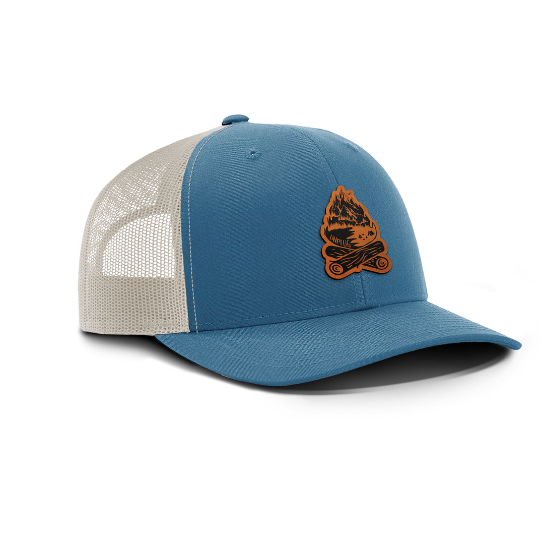 CAMPFIRE MOUNTAIN SCENE Snapback Leather Patch Hat