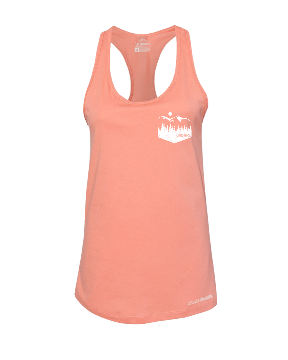 Unplug Mountain Left Chest Pocket Premium Women's Relaxed Fit Racerback Tank Top - Life Unplugged