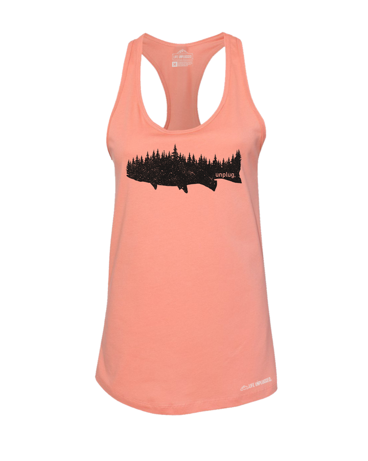 Trout In The Trees Premium Women's Relaxed Fit Racerback Tank Top - Life Unplugged
