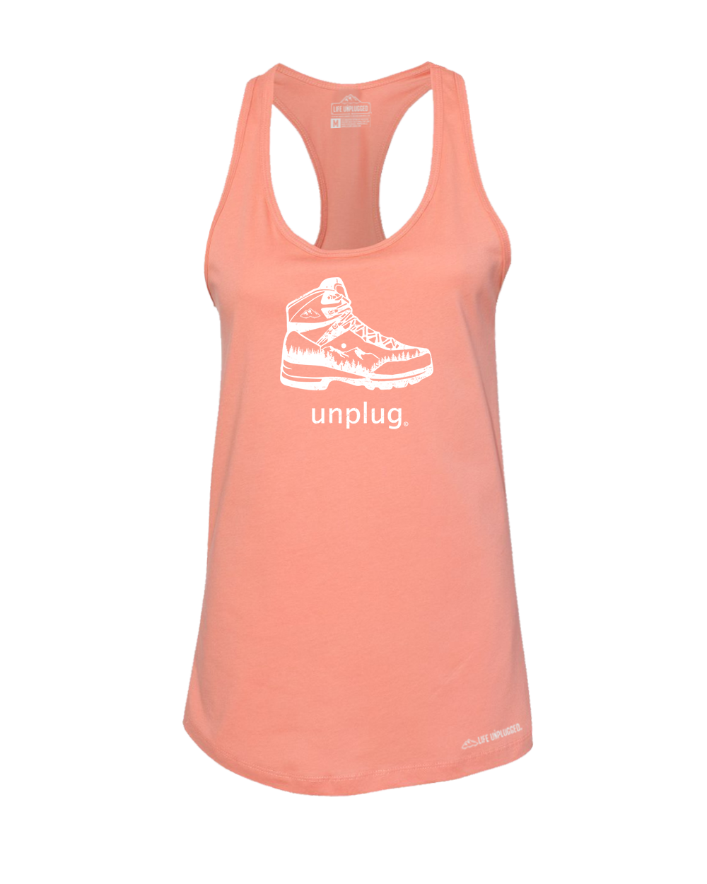 Hiking Boot Mountain Scene Premium Women's Relaxed Fit Racerback Tank Top - Life Unplugged