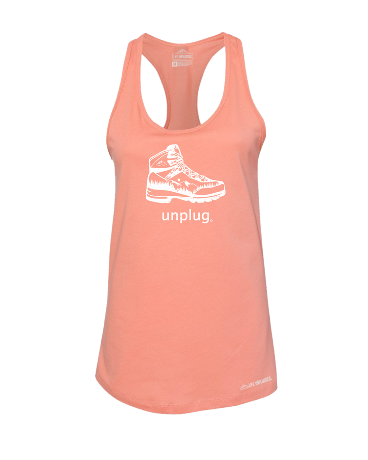 Hiking Boot Mountain Scene Premium Women's Relaxed Fit Racerback Tank Top - Life Unplugged