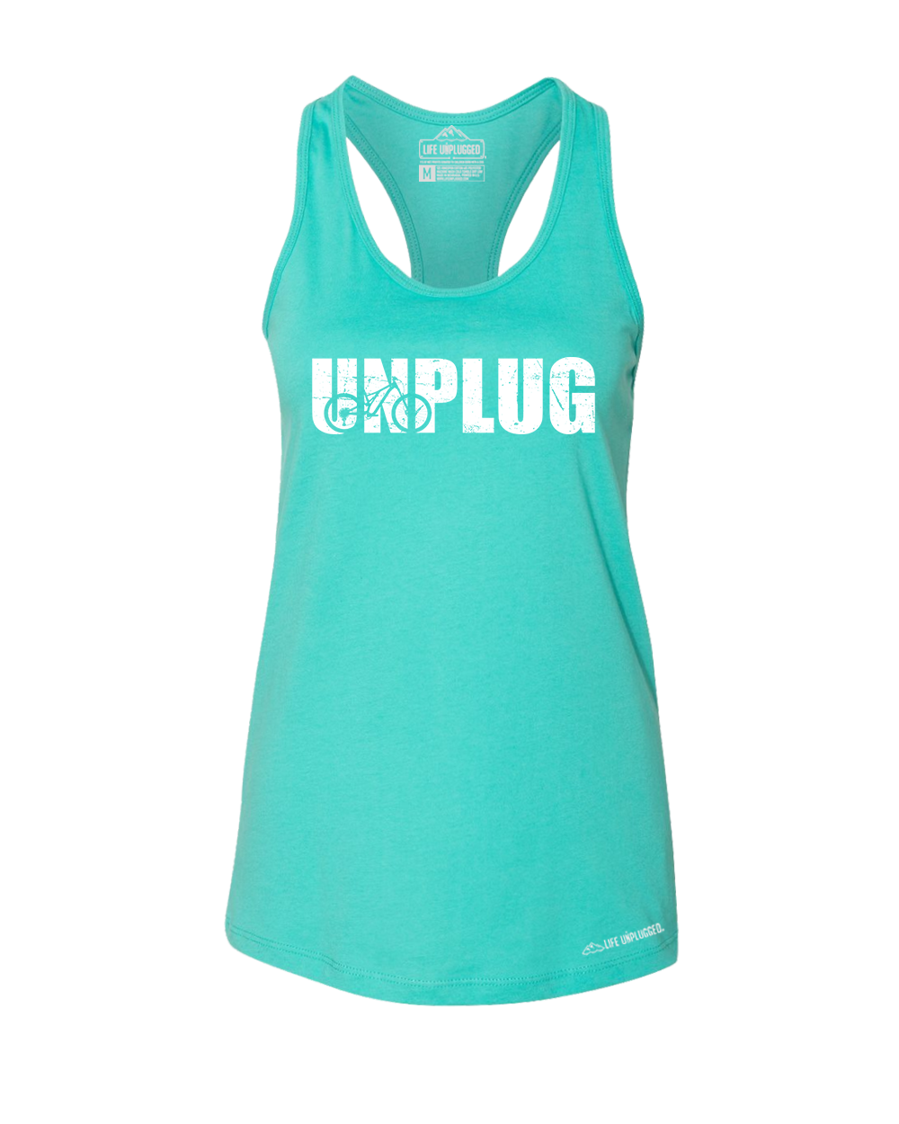 Unplug Mountain Bike Silhouette Premium Women's Relaxed Fit Racerback Tank Top - Life Unplugged