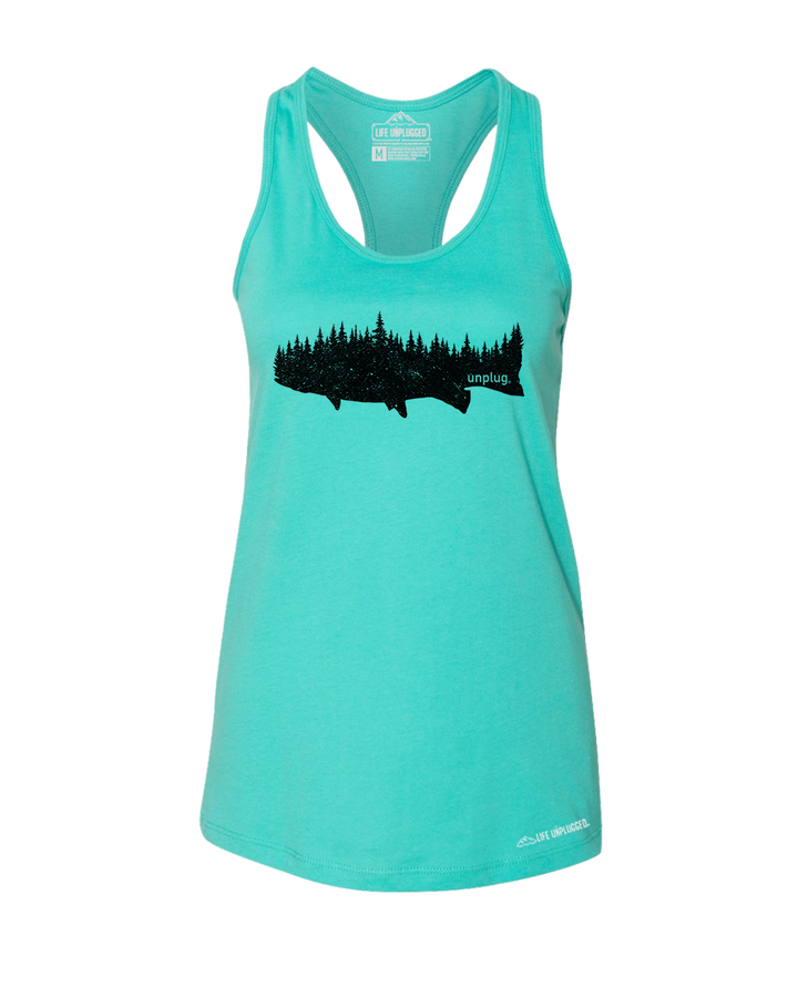 Trout In The Trees Premium Women's Relaxed Fit Racerback Tank Top - Life Unplugged