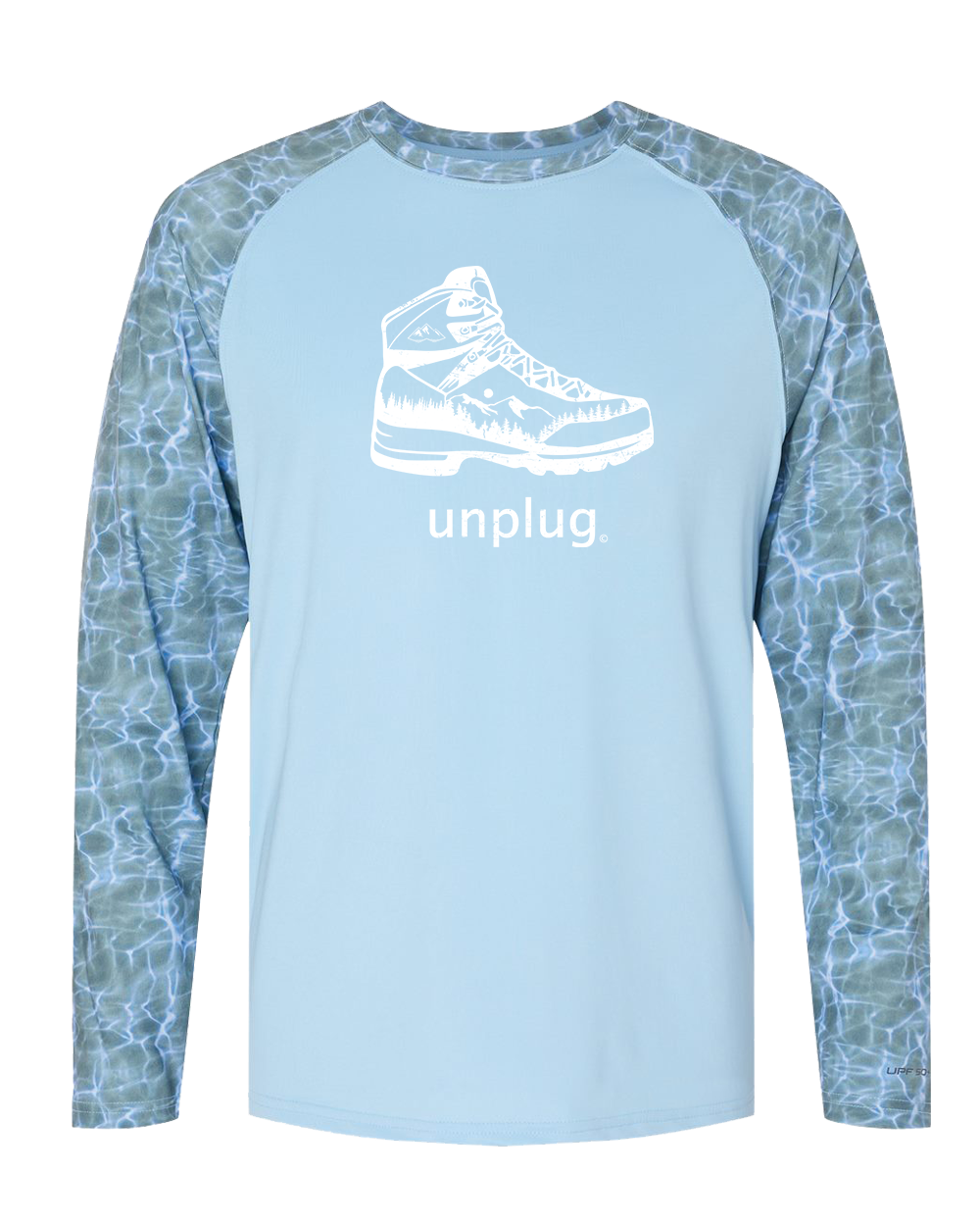 HIKING BOOT MOUNTAIN SCENE | BACK  Performance Long Sleeve with UPF 50+ XL - BLUE MIST WATER SLEEVE BLOWOUT