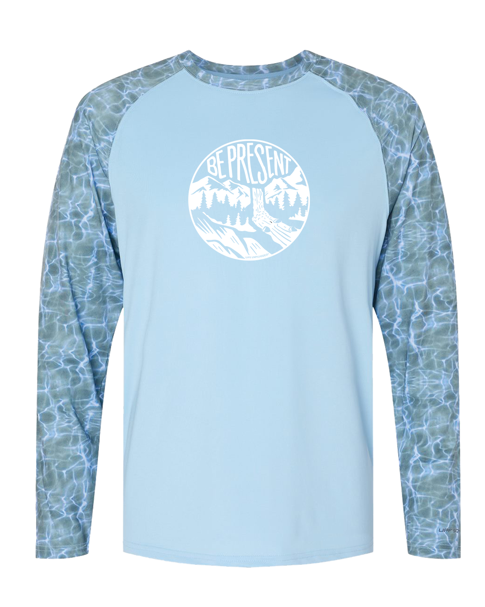 BE PRESENT WATERFALL Performance Long Sleeve with UPF 50+ MEDIUM - BLUE MIST WATER SLEEVE BLOWOUT