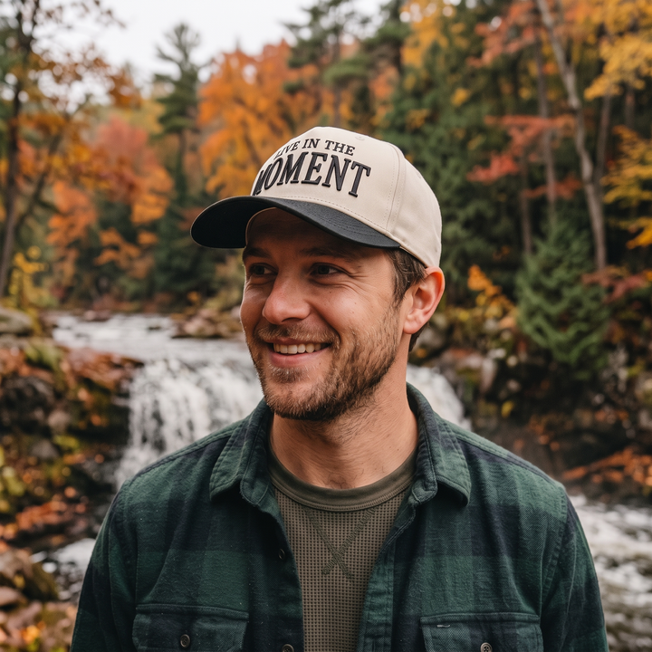 Limited Edition Live in the Moment Two Tone Mid Profile Snapback Baseball Hat — Three-quarter view