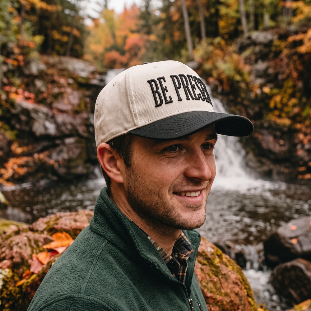 Limited Edition Be Present Two Tone Mid Profile Snapback Baseball Hat — Three-quarter view