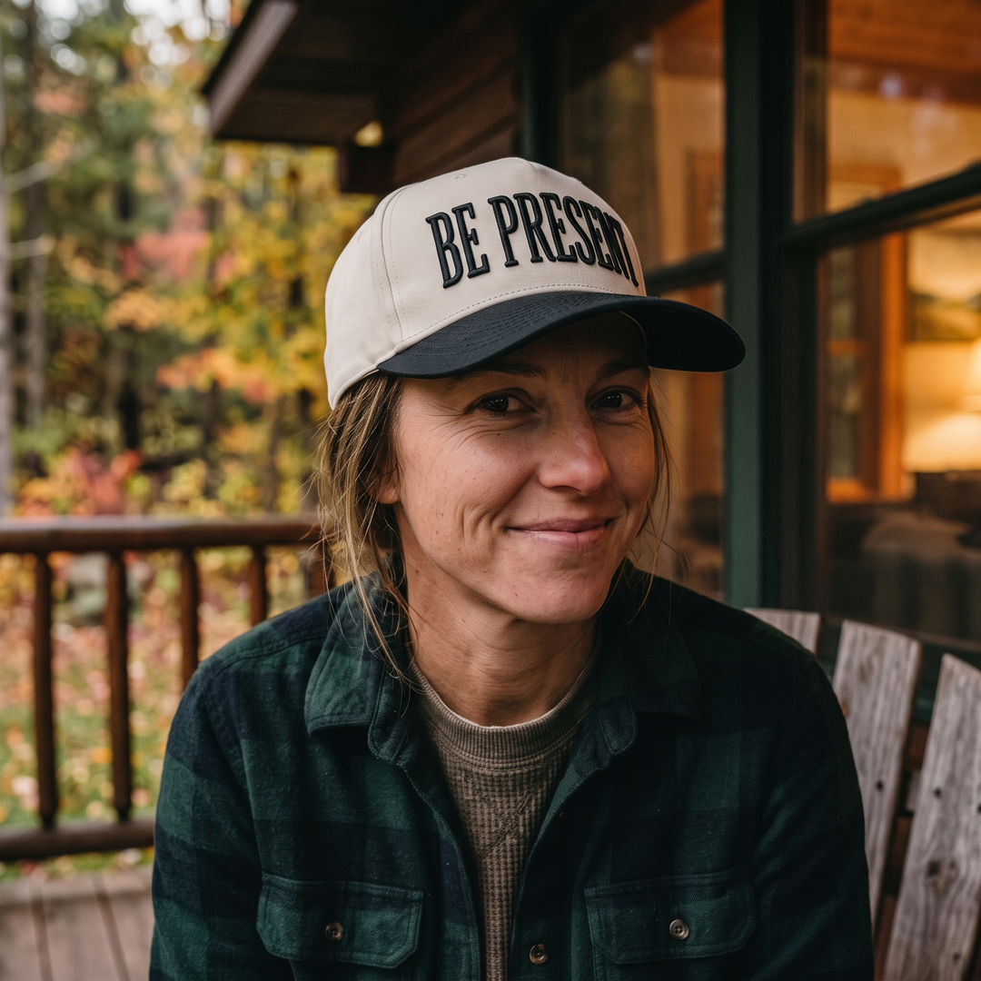 Limited Edition Be Present Two Tone Mid Profile Snapback Baseball Hat — Three-quarter view