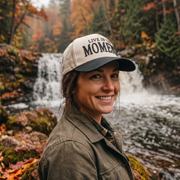 Limited Edition Live in the Moment Two Tone Mid Profile Snapback Baseball Hat — Three-quarter view