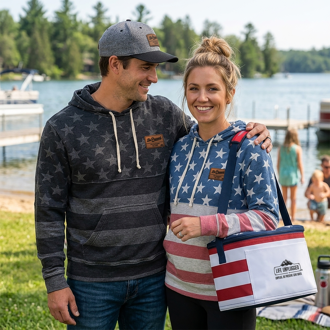 LIMITED EDITION AMERICAN FLAG HOODIE WITH BE PRESENT LEATHER PATCH