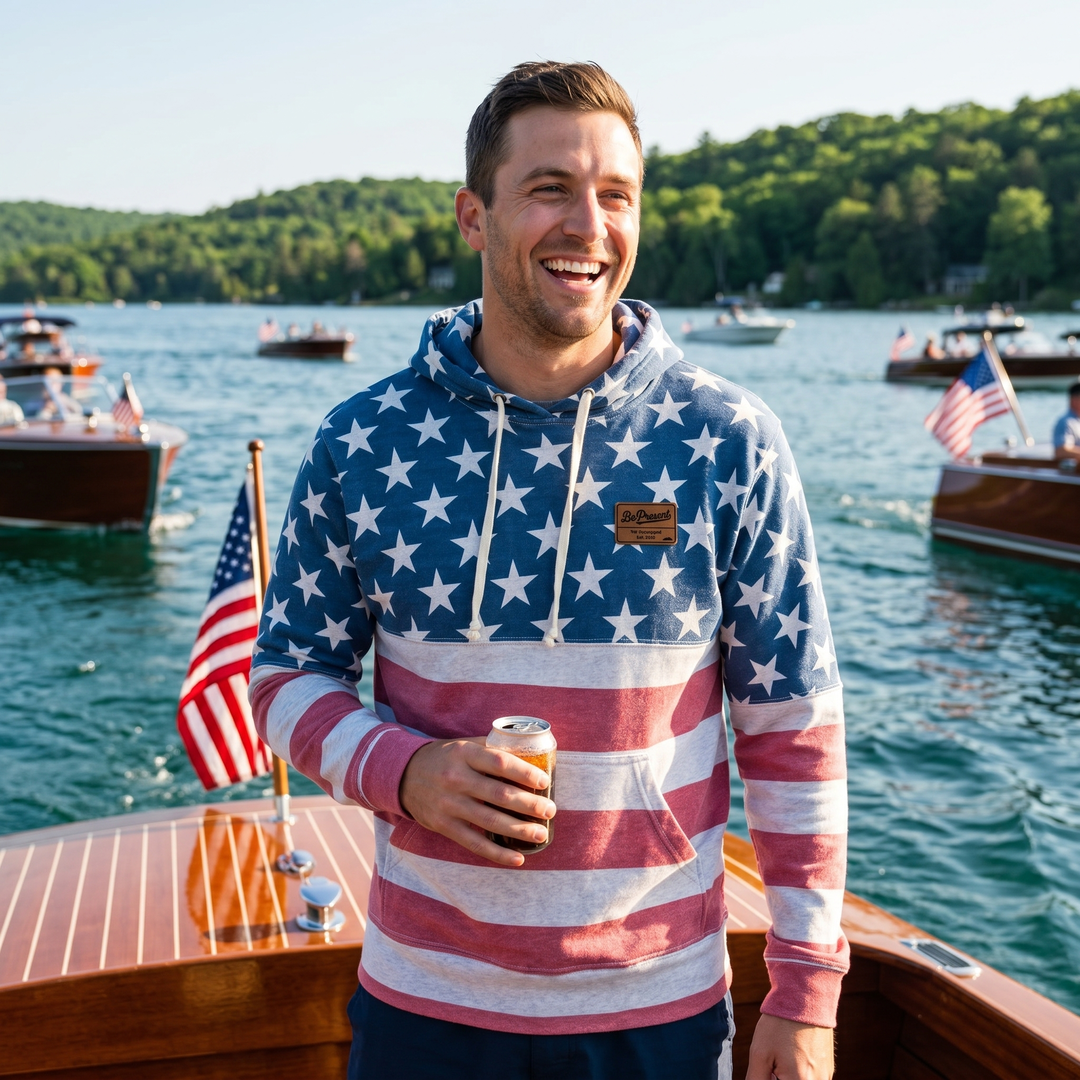 LIMITED EDITION AMERICAN FLAG HOODIE WITH BE PRESENT LEATHER PATCH
