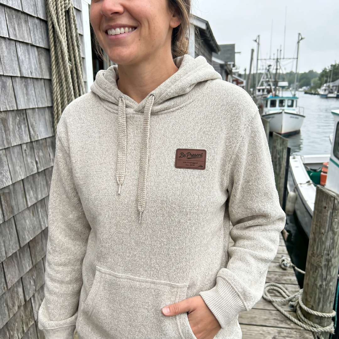 LIMITED EDITION Nantucket Super Soft Sweater Hoodie Be Present Leather Patch